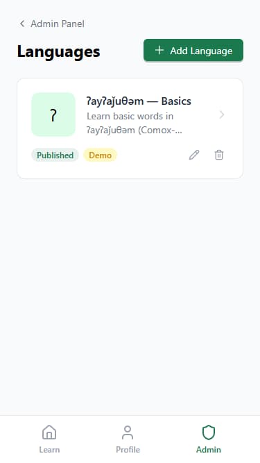 Admin panel — manage languages